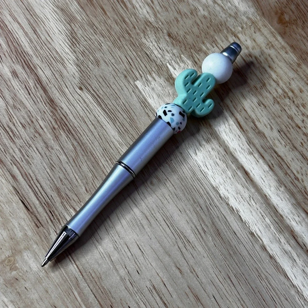 Cactus Silicone Beaded Pen Silver Metallic Ballpoint Mint Green Desert Terrazzo